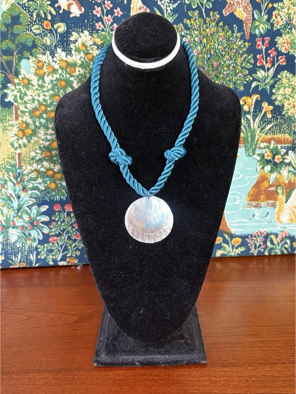 Hawaiian Vintage Mother Of Pearl Necklass On Blue Satin Cord Boho Beach Dressup
